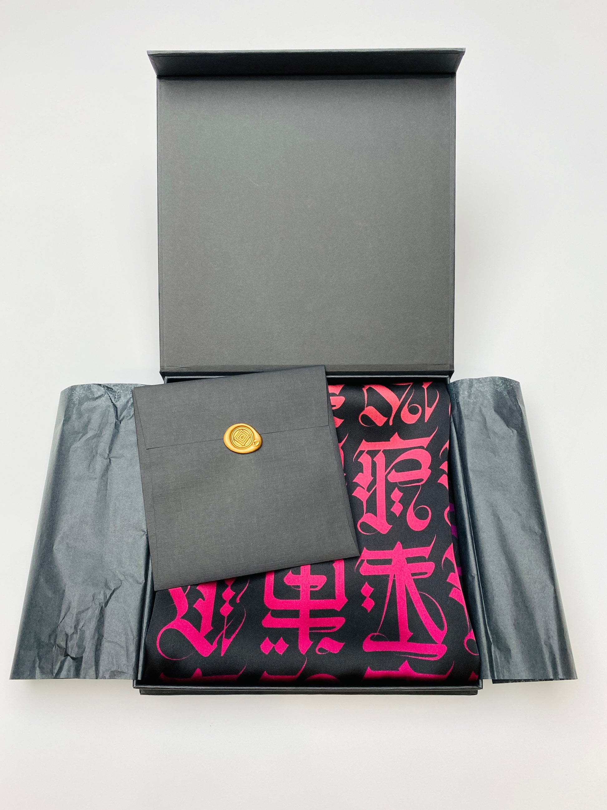 Cryptik LOVELETTER silk scarf in box with certificate of authenticity