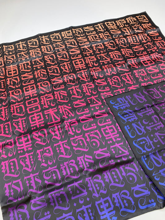 Cryptik LOVELETTER silk scarf opened laid down flat showing double-sided pattern