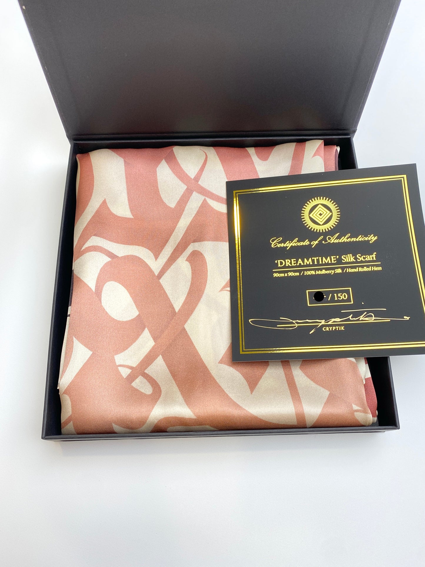 Cryptik Dreamtime silk scarf box open with certificate of authenticity
