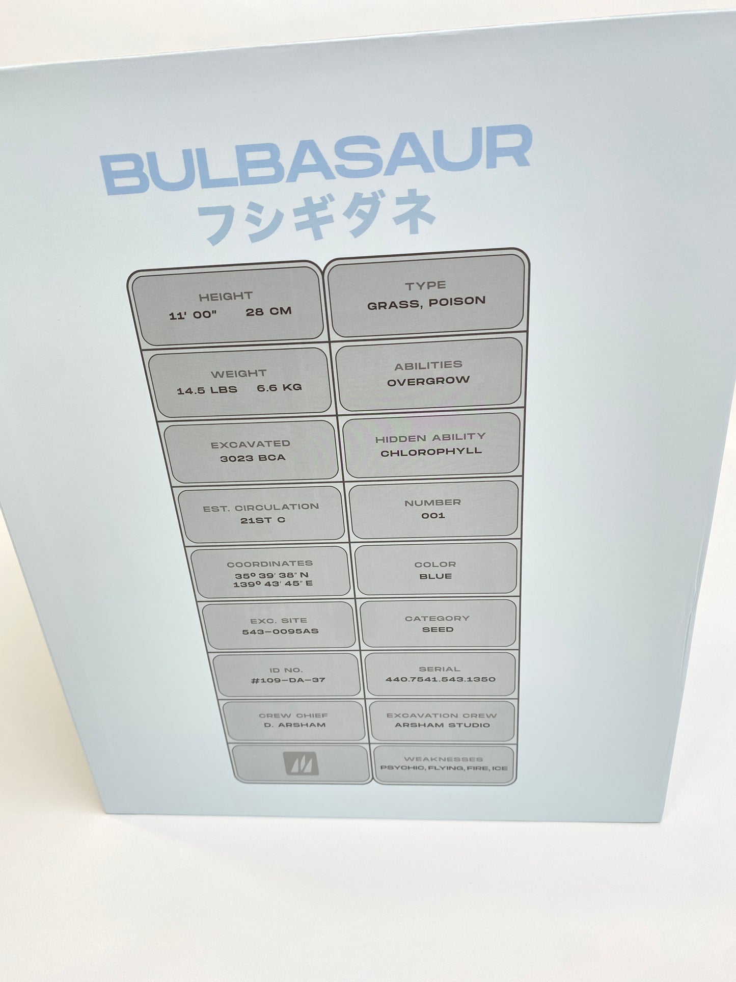 Daniel Arsham Crystalized Bulbasaur side of box showing stats