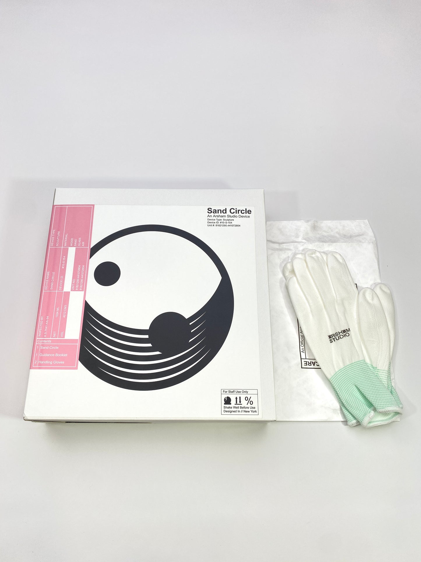 Daniel Arsham Pink Sand Circle sealed box with Arsham Studio art handling gloves