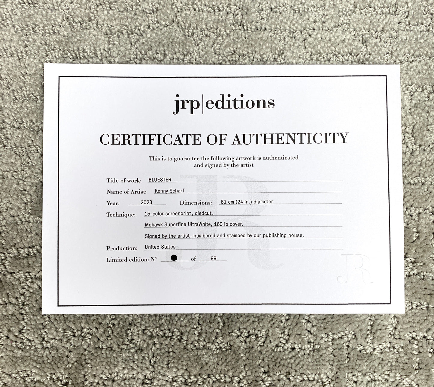 Kenny Scharf BLUESTER certificate of authenticity