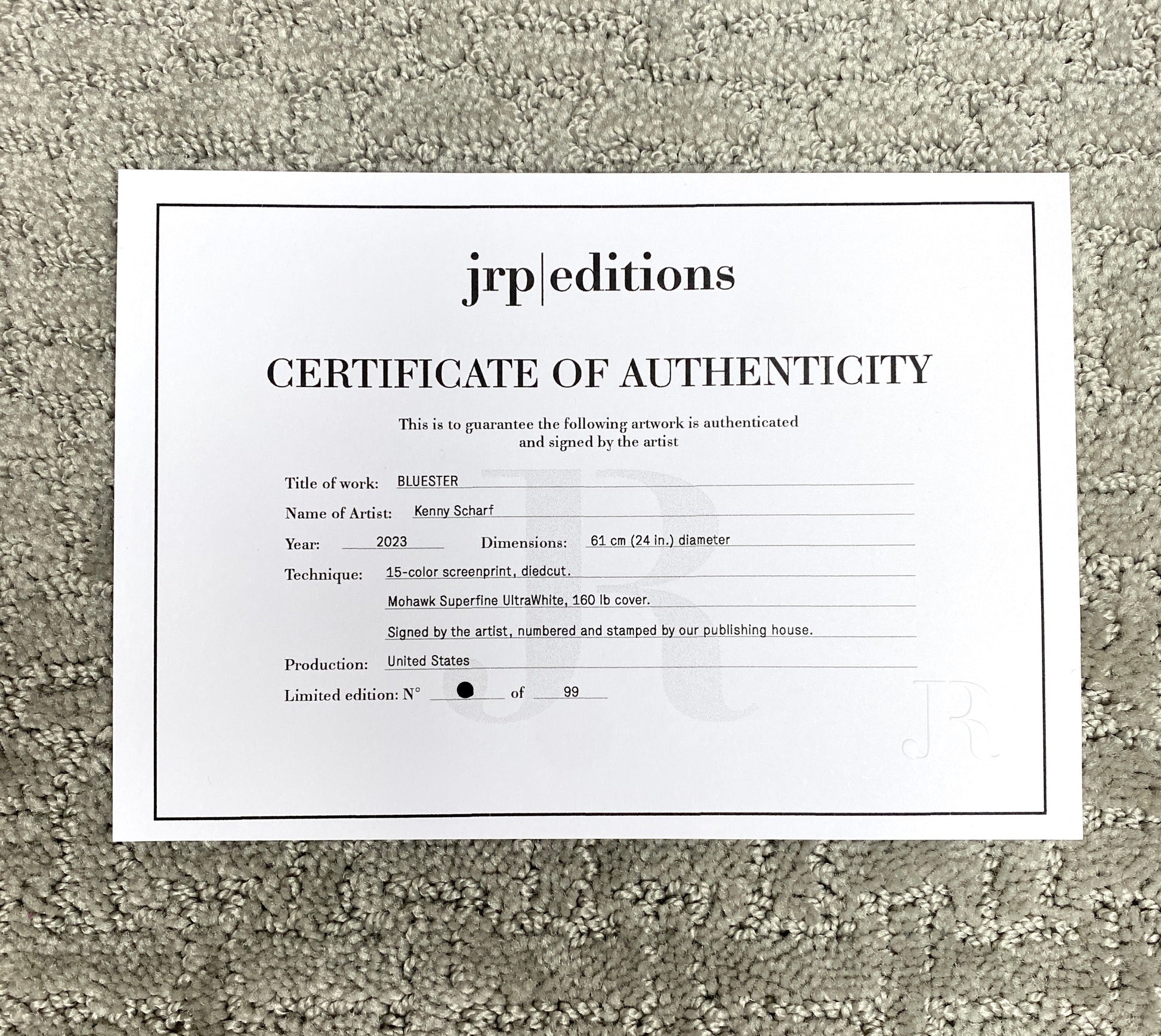 Kenny Scharf BLUESTER certificate of authenticity