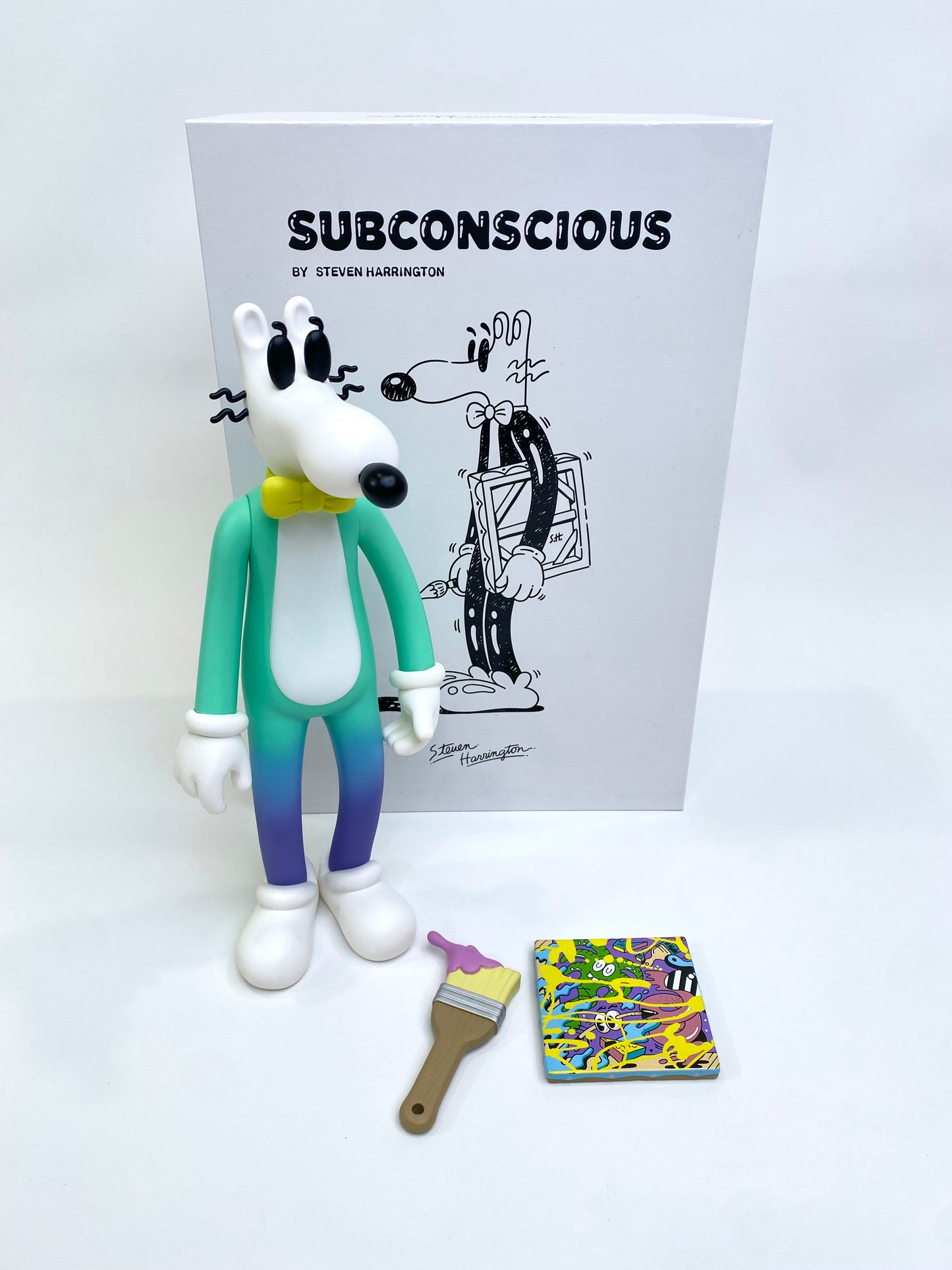 Steven Harrington Subconscious "Gradient" vinyl figure, paint brush, and small canvas painting. 